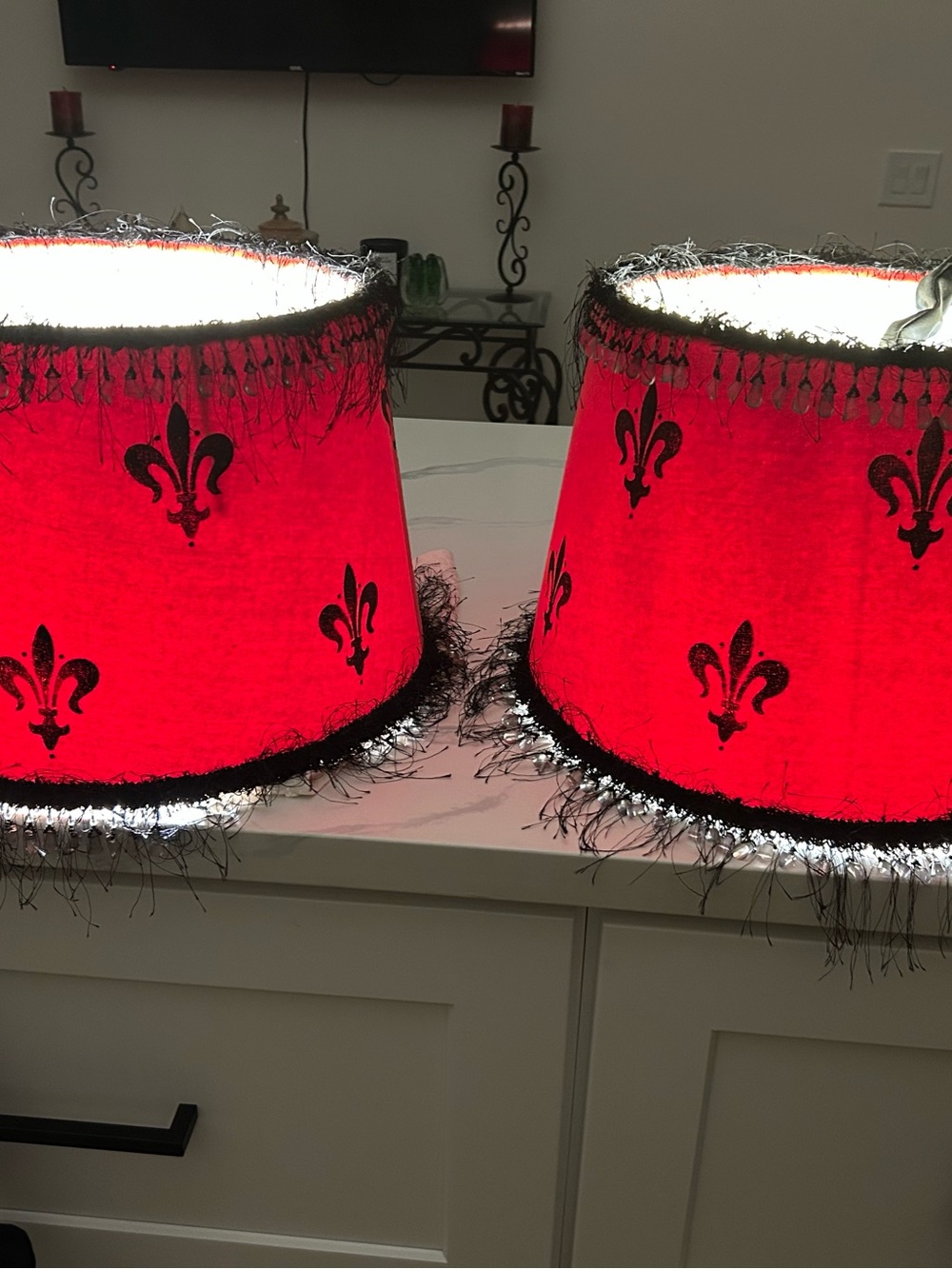 2 Red & Black Fleur-de-Lis Decorative Electrical Lamp Shades